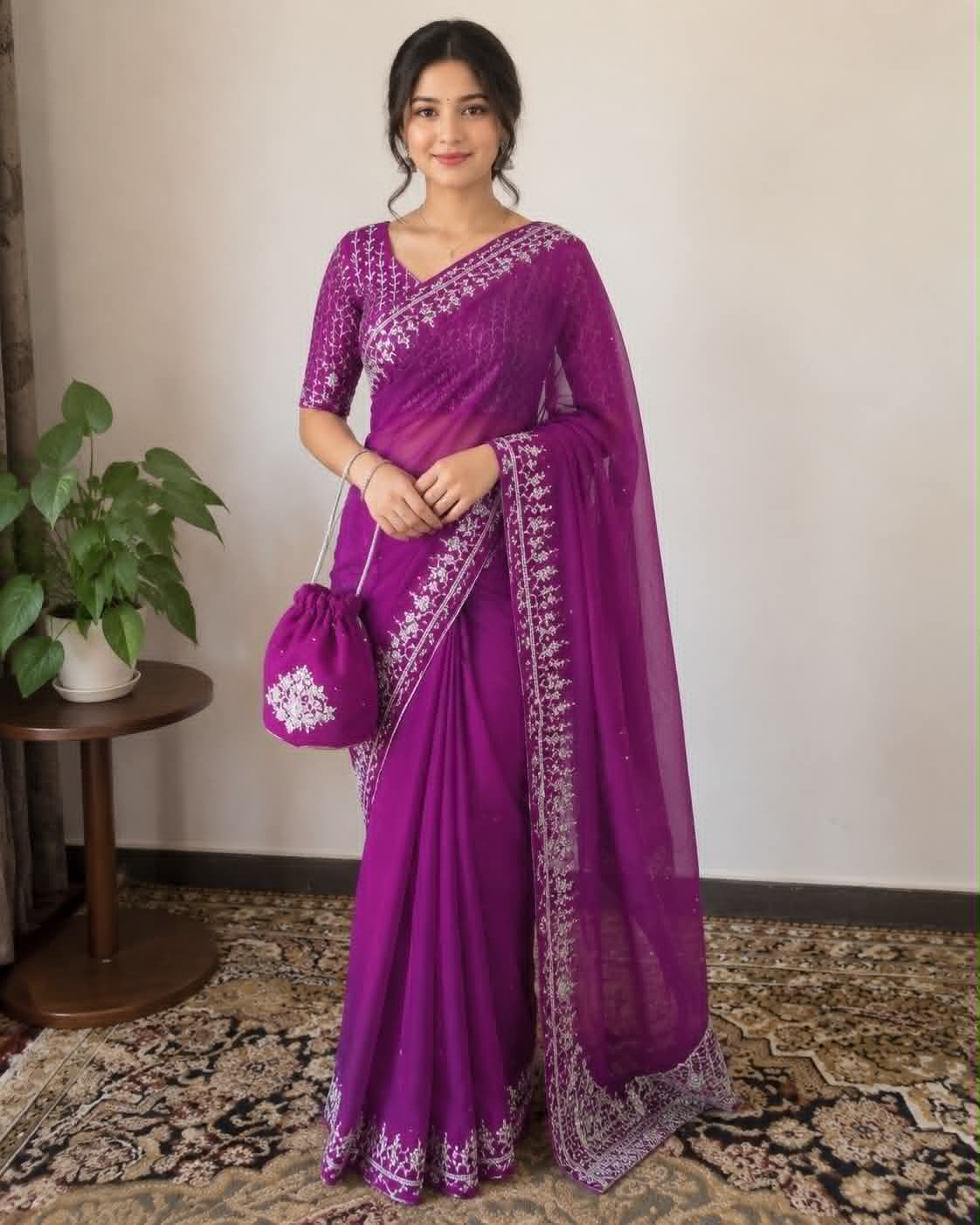 Purple Embroidered Net Saree with Potli Bag